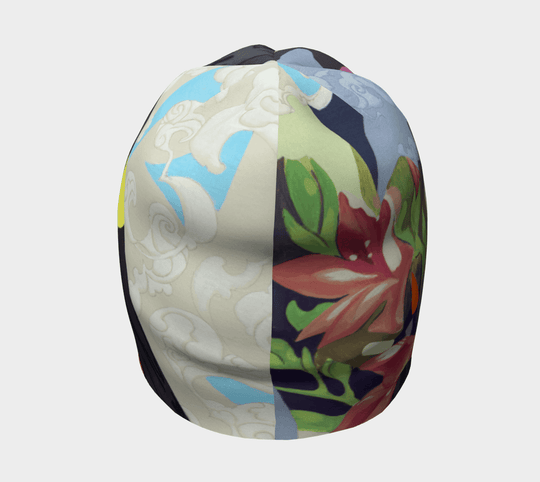 Top view of the abstract crow graphic beanie hat showing contrasting abstract patterns