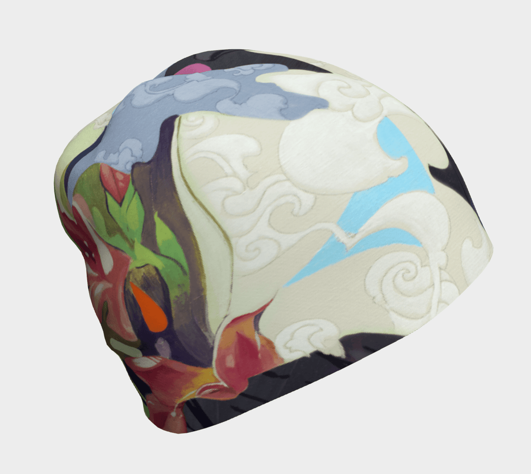 Abstract crow graphic beanie hat with swirling cream and blue patterns
