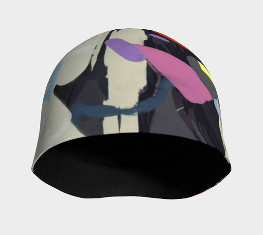 Inside view of the abstract crow graphic beanie hat showing the black bamboo lining