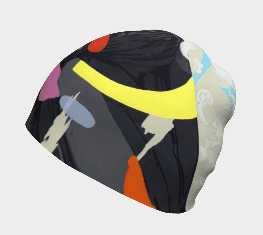 Abstract crow graphic beanie hat against a white background