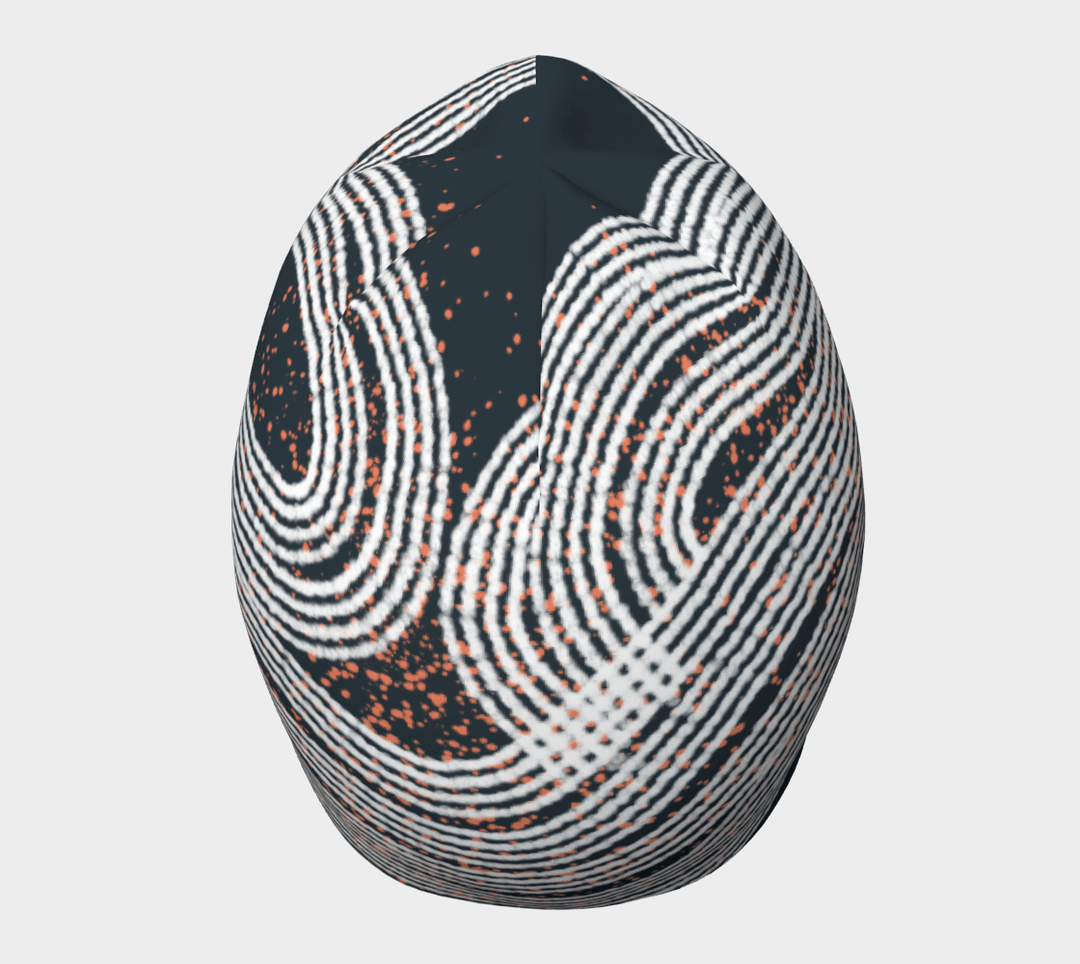 Front view of a Dark Steel Beanie showcasing its artful wavy stripe pattern.