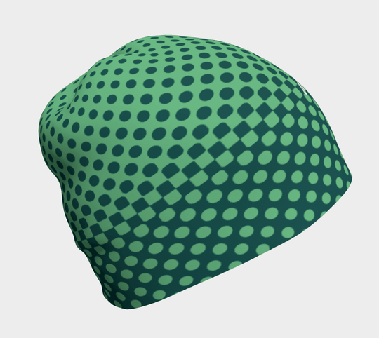 The back of the Diving Beetle Beanie, showing a green polka dot pattern with a gradient effect.