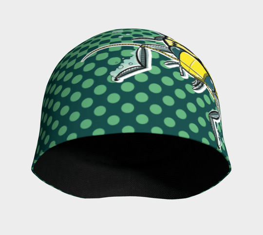 View of the Diving Beetle Beanie from the inside, showing the black bamboo lining.