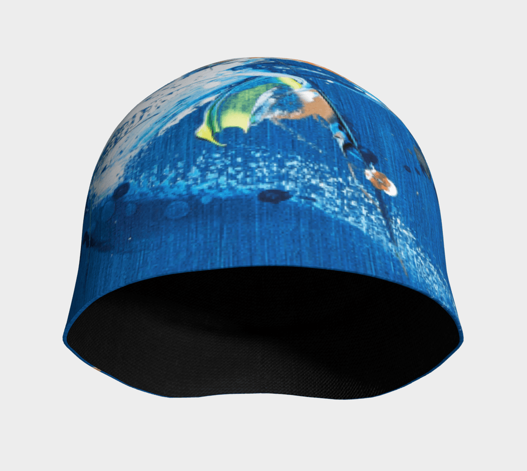 Inside view of the blue abstract art beanie, revealing its black bamboo lining.