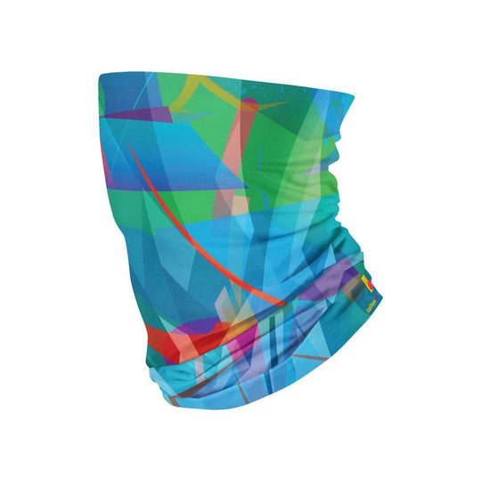 Abstract blue and green geometric pattern on a multifunctional neck tube.