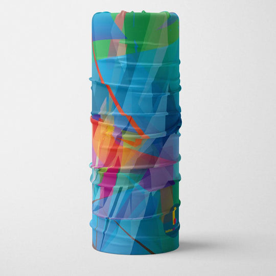 A tall, folded tube accessory displaying a vibrant, abstract geometric design in blue, green, and red.