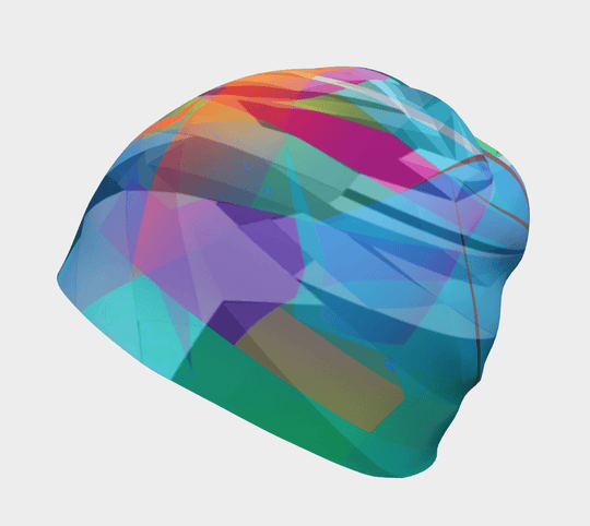 Close-up of a unisex beanie featuring a vibrant abstract &