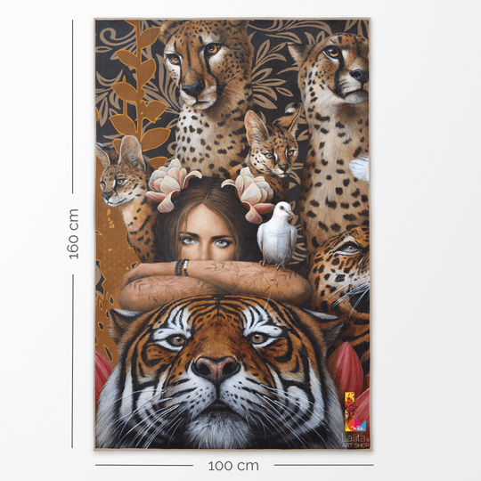 Dimensions of the Felines XL towel, showing 160cm height and 100cm width.