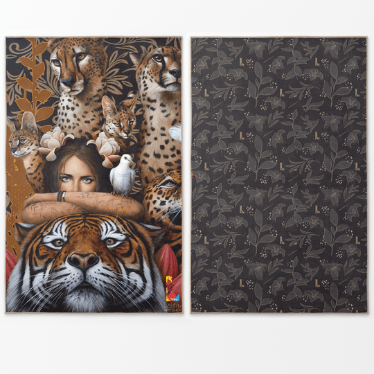 Front and back view of the Felines XL reversible artistic towel, showcasing big cats and a serene figure.