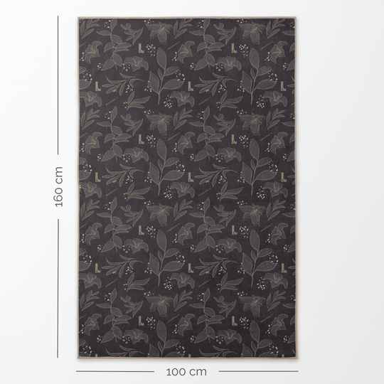 Back side of the Felines XL towel, displaying a dark grey floral pattern with dimensions.