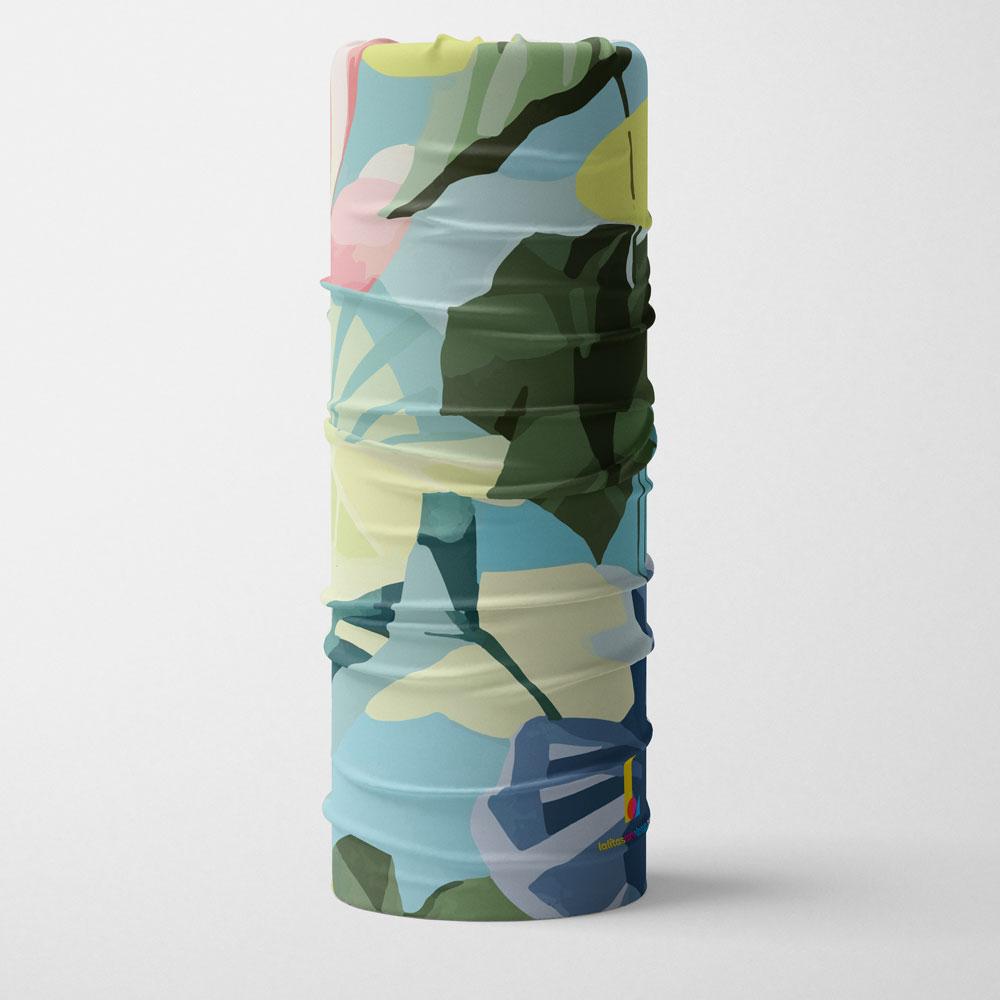 A close-up of a multifunctional neck tube showcasing its pastel floral print and fabric texture.