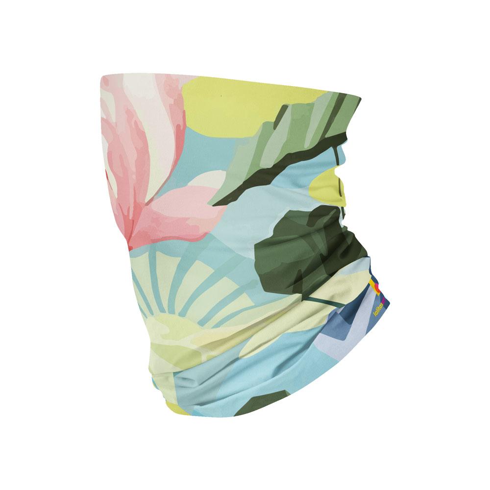 A rolled multifunctional neck tube with a pastel floral and sunburst art print.