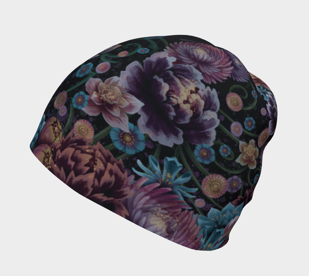 Close-up of a black beanie adorned with a vibrant and intricate floral design.