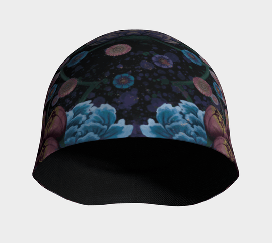 Front view of the beanie, showing the dark interior lining and the repeating floral pattern.