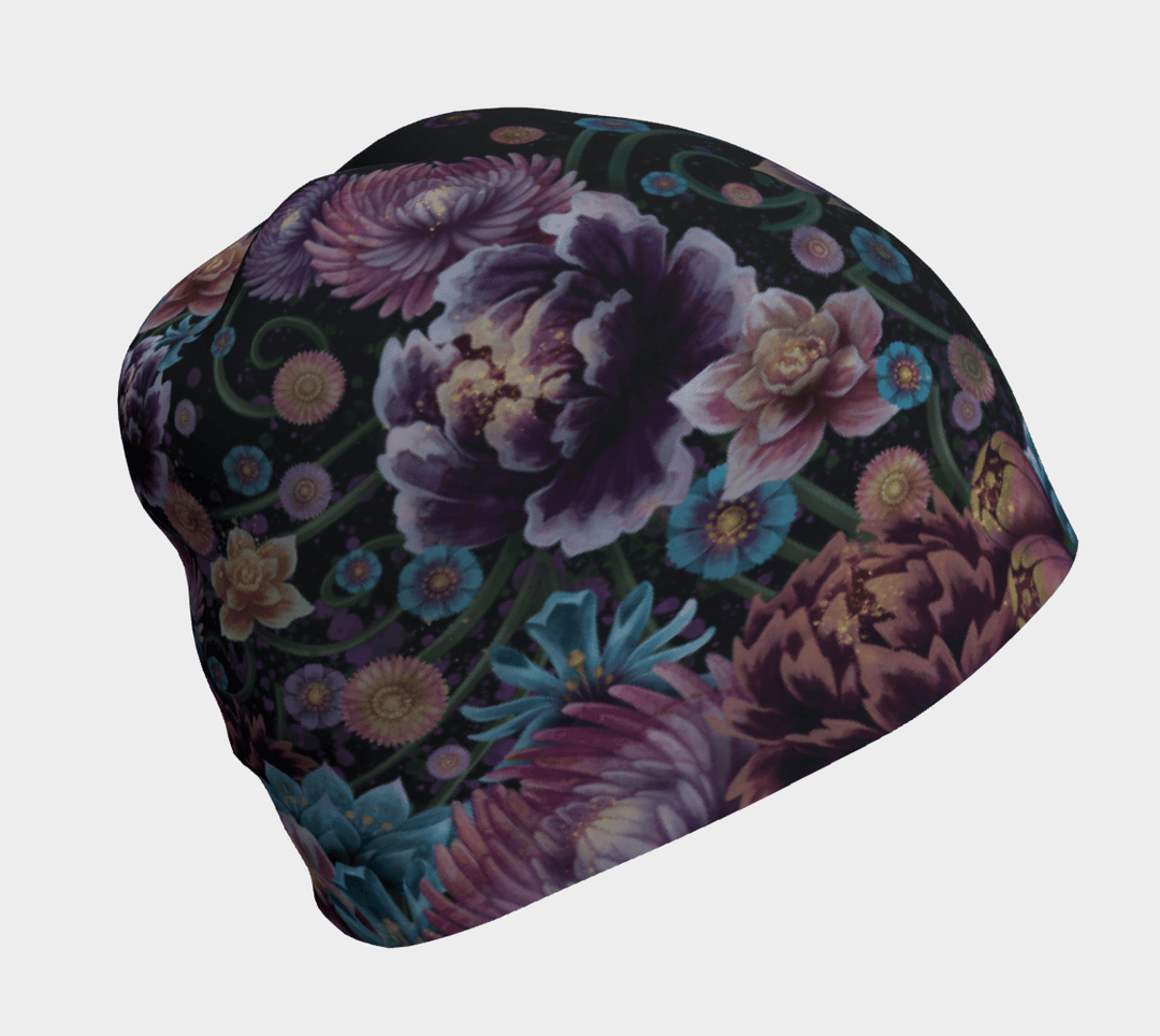 Black beanie with a detailed, colourful floral botanical pattern.
