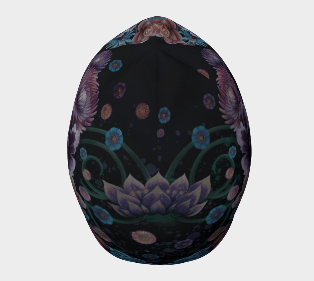 Back view of the beanie, showcasing the seamless floral pattern wrapping around the crown.