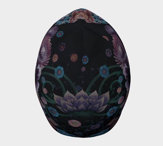 Back view of the beanie, showcasing the seamless floral pattern wrapping around the crown.