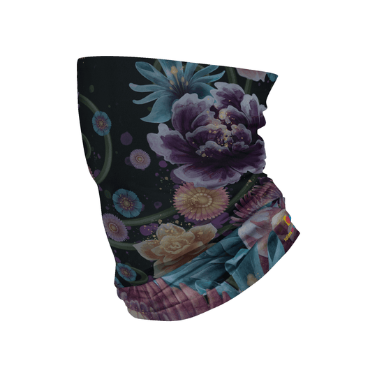 A floral patterned multifunctional neck tube in dark tones against a white background.