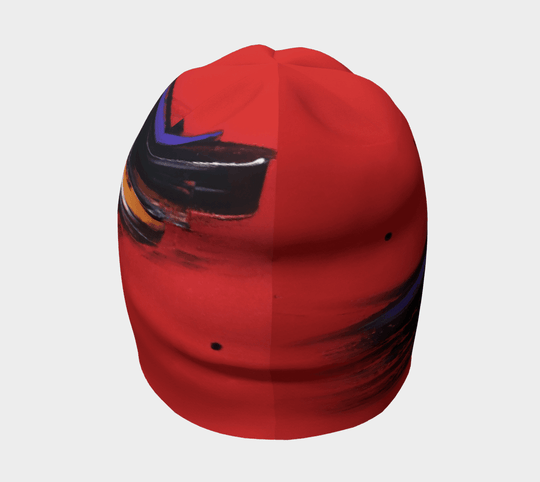 Red abstract art beanie with black and coloured brushstrokes, from the front.