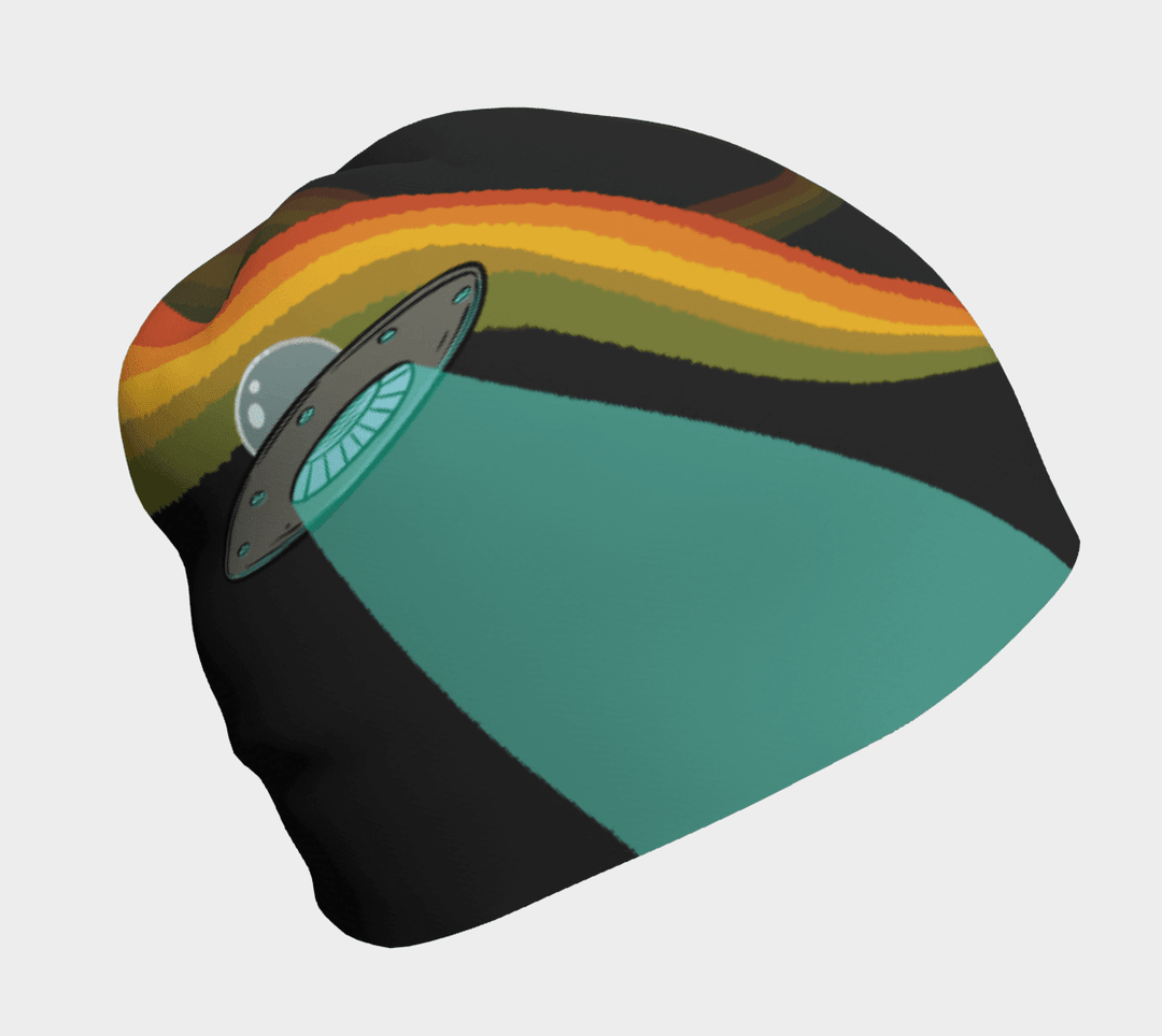 Black beanie with a retro flying saucer design and colorful rainbow trail.