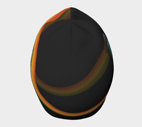 Top view of the Flying Saucers beanie, highlighting the colorful striped design.