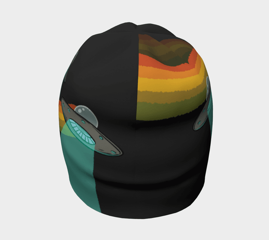Front view of the Flying Saucers beanie with a flying saucer and rainbow design.