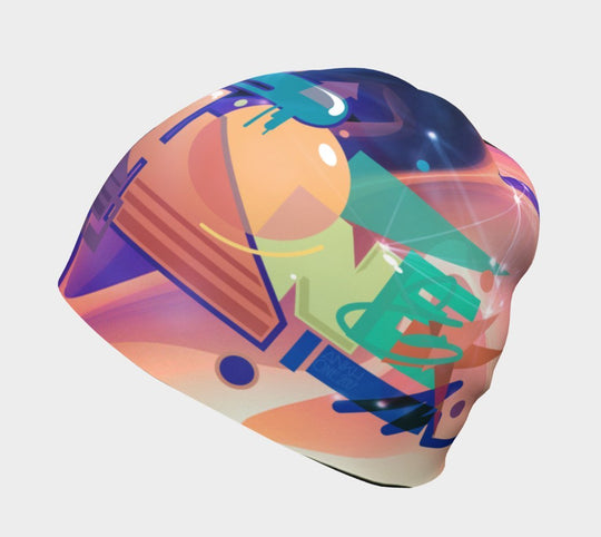 A colorful Galaxy Beanie with a pink and orange gradient, shown from the side on a neutral background.