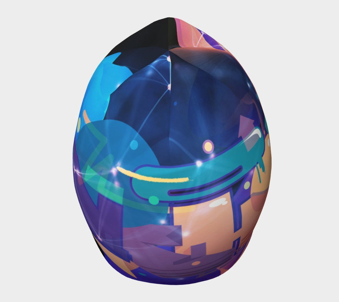 A top-down view of the abstract, colorful Galaxy Beanie on a neutral background.
