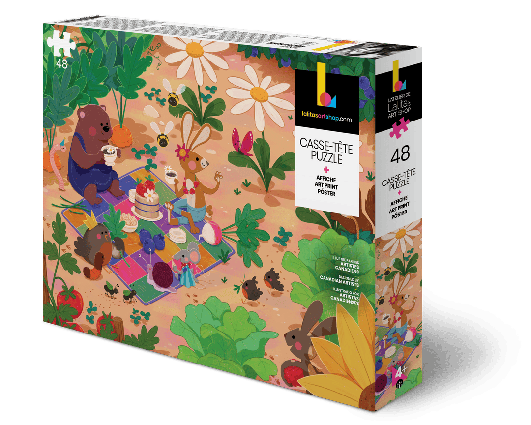 A 48-piece jigsaw puzzle box featuring a whimsical garden party scene with cartoon animals and flowers, designed in Canada.