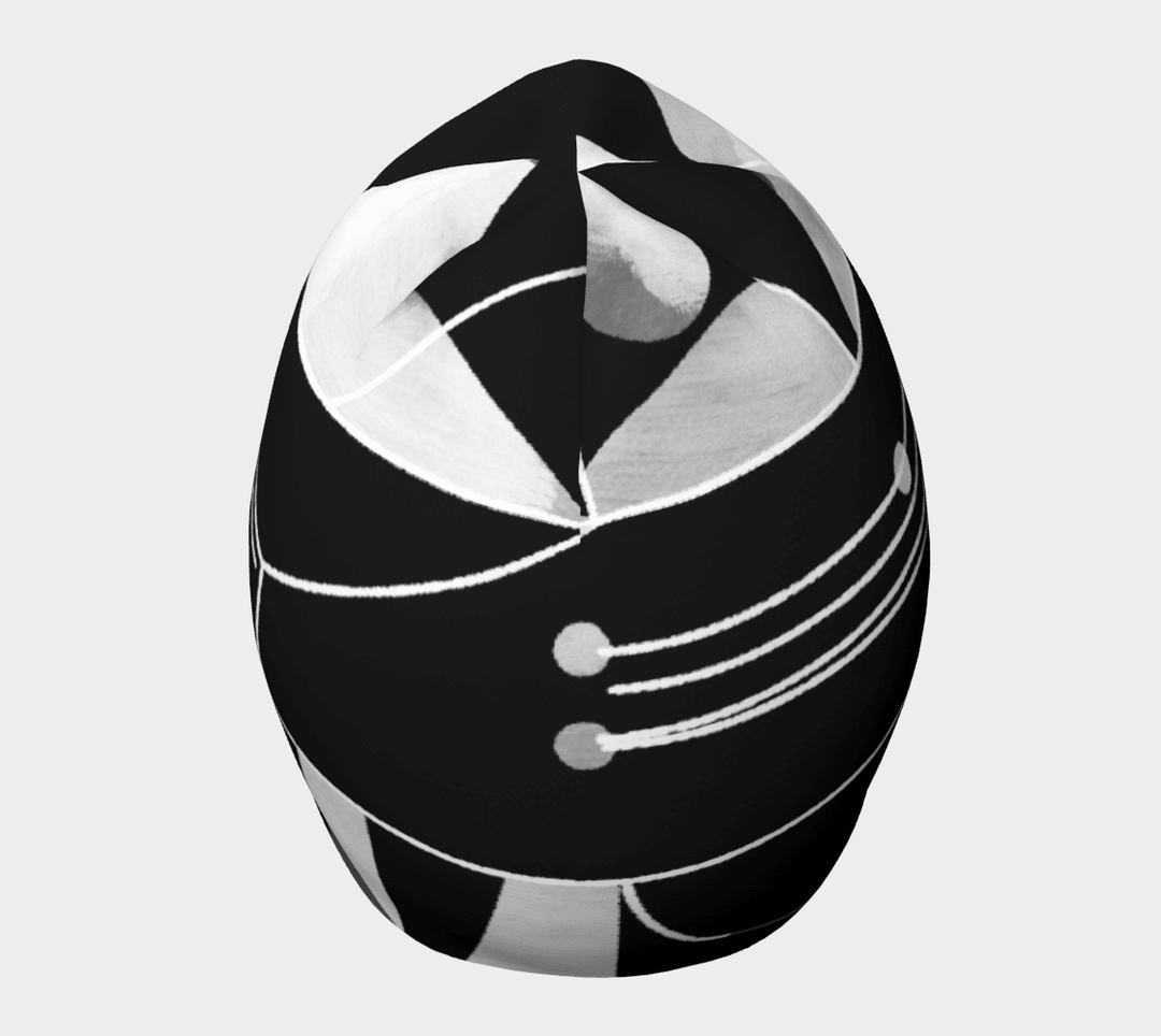 Top view of a black and grey unisex beanie with a dynamic geometric design.