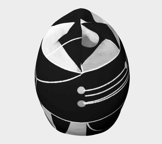 Top view of a black and grey unisex beanie with a dynamic geometric design.