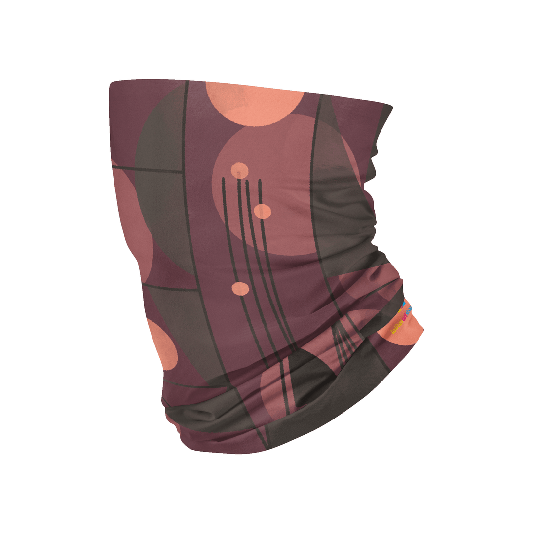 A tubular bandana with a purple geometric pattern is shown in a studio shot against a white background.