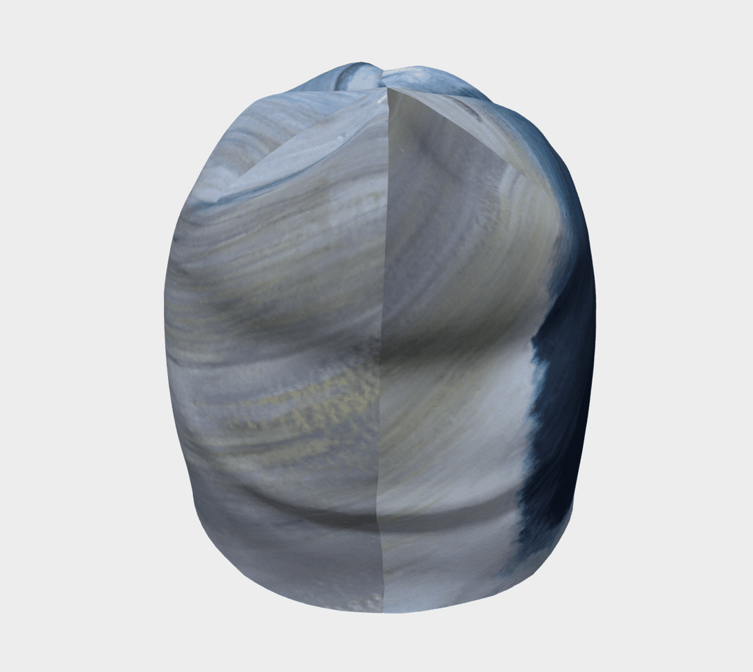 Top-down view of the Golden Sea Beanie, showing the art design split down the middle.