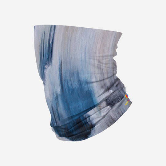 A white and blue abstract art pattern covers a white multifunctional neck tube against a white background.