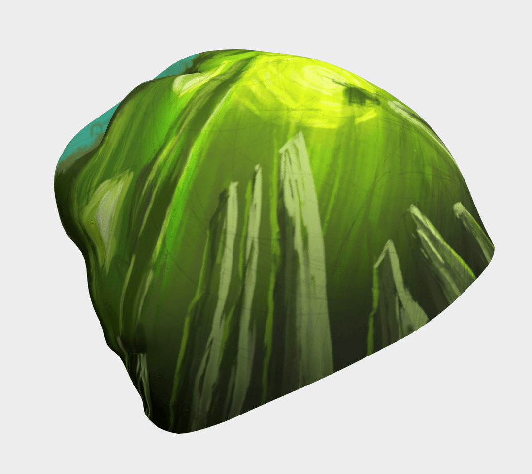 Green abstract art beanie shown from the side on a white background.