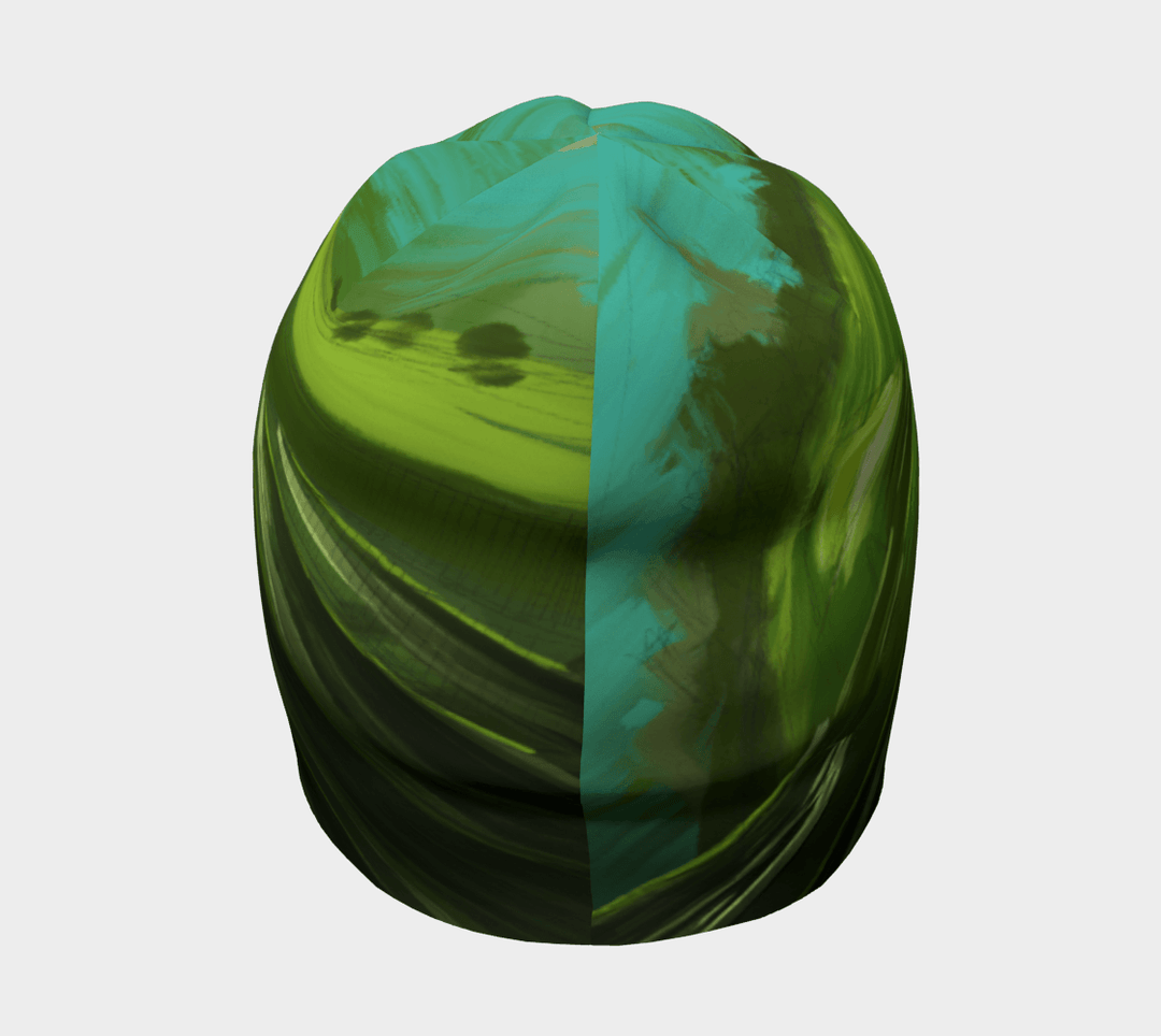 Top view of the Green Light Sports Beanie, revealing the split green and teal abstract art design.