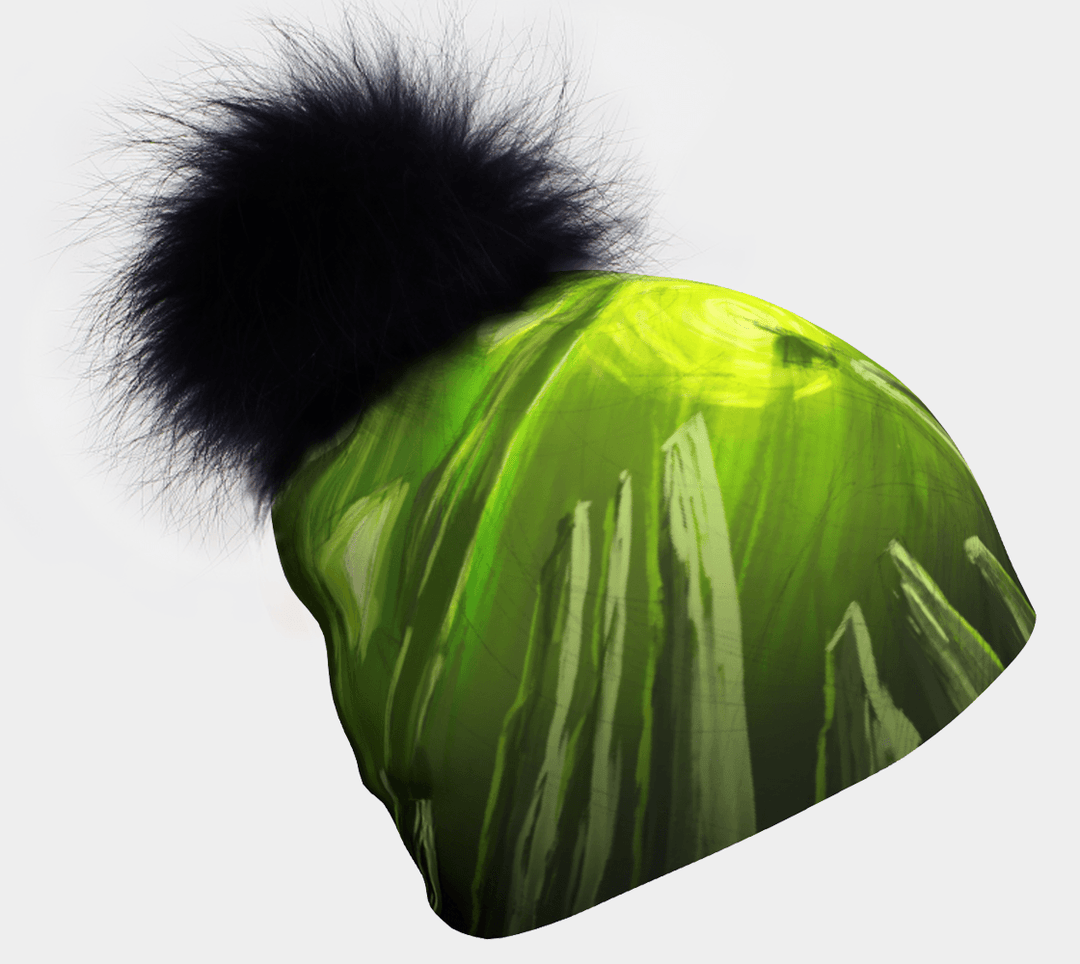 Green Light Thin Beanie with a large black fluffy pompom shown from the side.