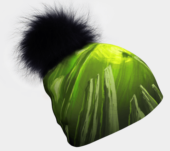 Green Light Thin Beanie with a large black fluffy pompom shown from the side.