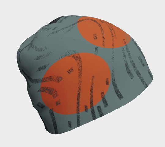 Grey beanie with bold orange circles and black brushstroke print, 3D front-angle product view on white background