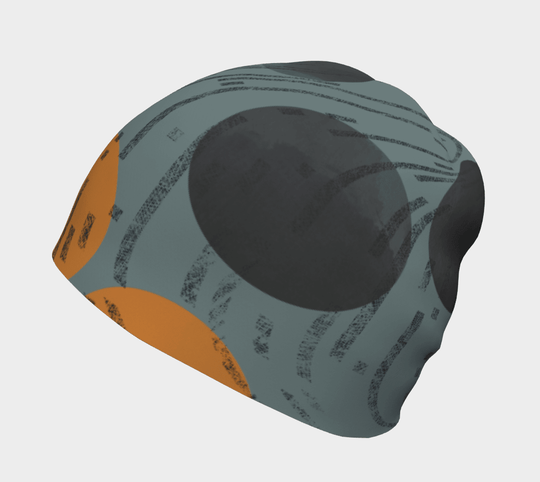 Grey beanie showing large black circle and amber accent on the reverse side, 3D product view on white background