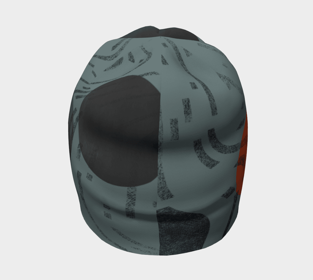 Rear view of the grey beanie showing dark circle and terracotta orange arc across the teal-grey fabric