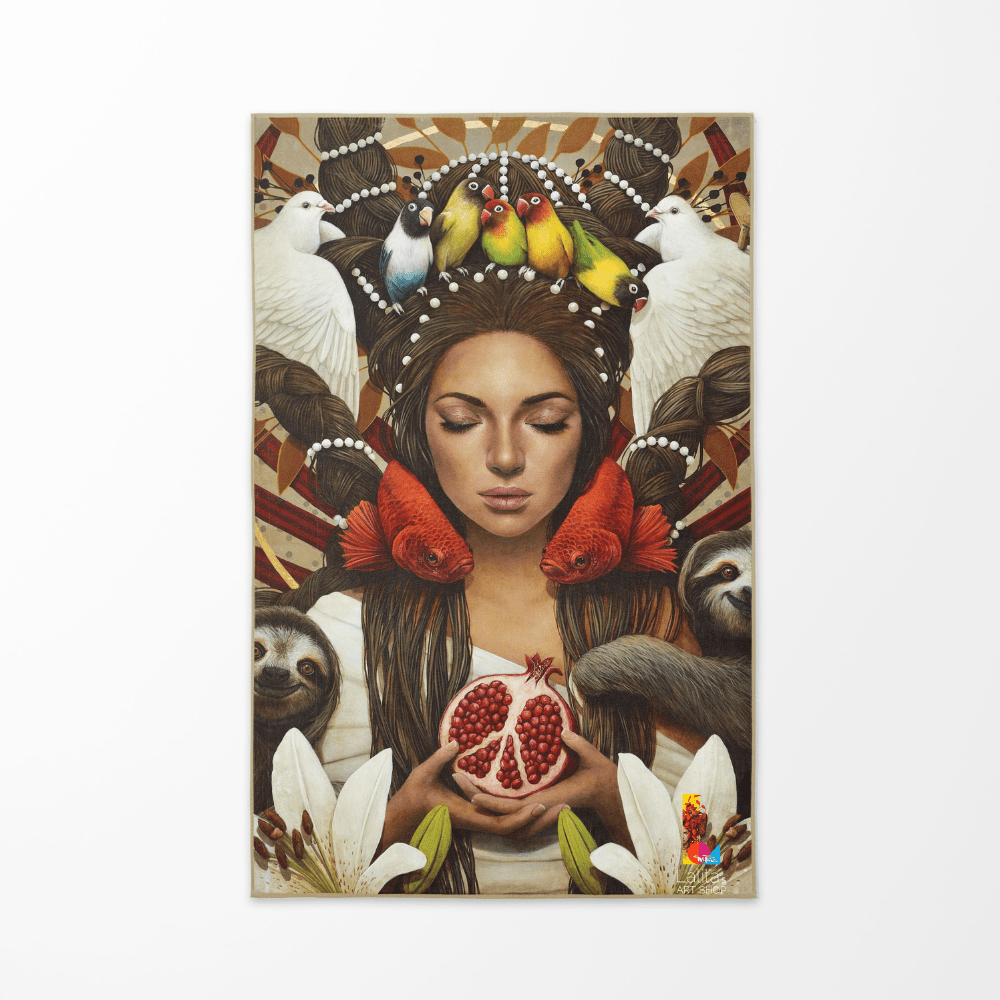 The artistic side of the Guerrière Pacifique towel, featuring a woman&