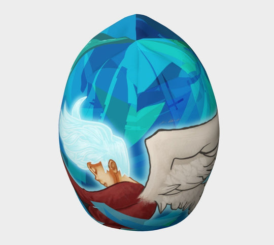 Top-down view of the "Head In The Clouds" beanie, highlighting the dynamic blue and white artwork with an angelic motif.
