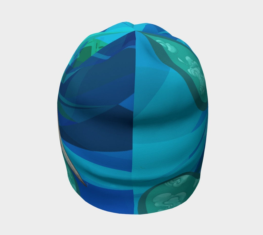 Back view of the "Head In The Clouds" beanie, displaying the continuous abstract blue and green art pattern.