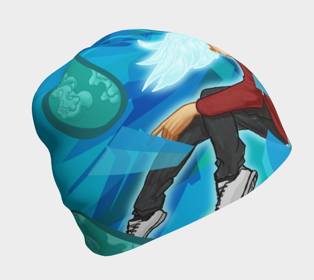 A unisex beanie with a vibrant "Head In The Clouds" art print featuring an angelic figure with wings, shown from the front.
