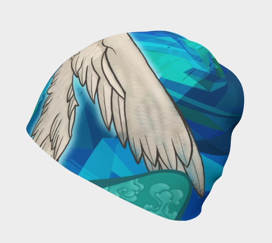 Close-up view of the "Head In The Clouds" beanie, showcasing the detailed illustration of an angel&