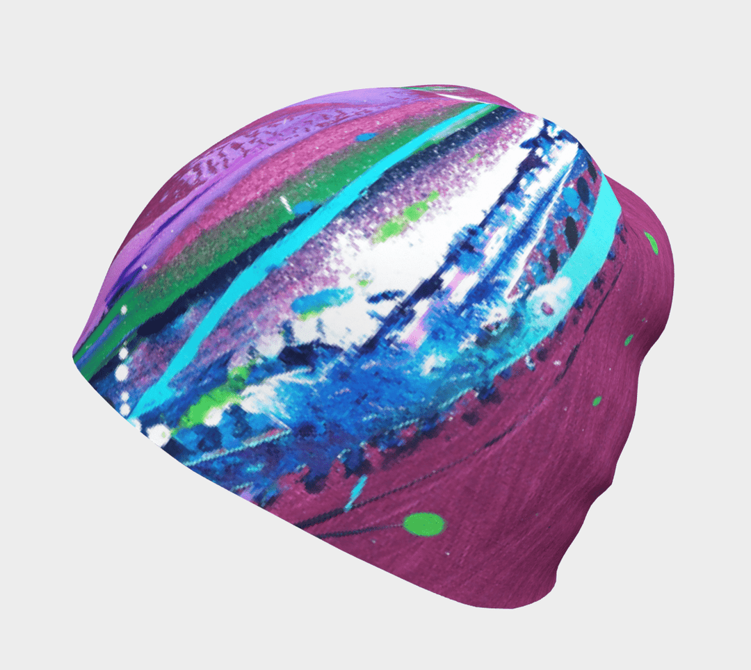 Side view of the Hope Beanie showcasing its rounded crown and vibrant abstract print.