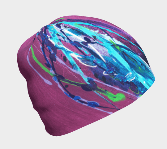 Close-up of the Hope Beanie showing its abstract purple and blue artistic design.