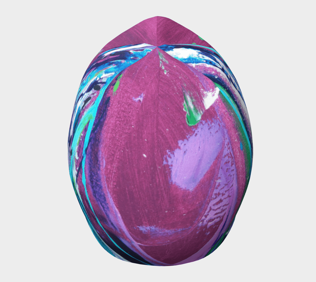 Top-down view of the Hope Beanie highlighting the dynamic blend of colours in the artwork.