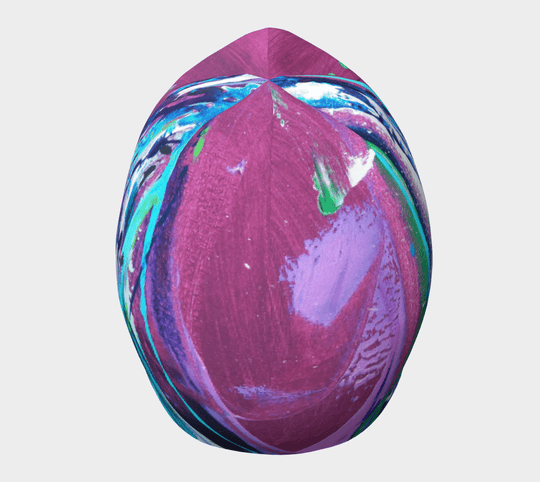 Top-down view of the Hope Beanie highlighting the dynamic blend of colours in the artwork.